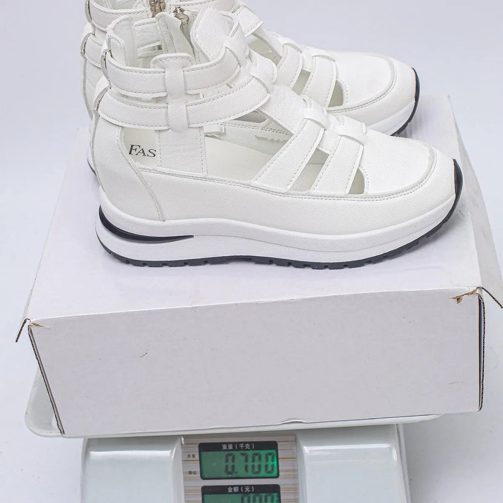 Women's black close-toed hollow-out platform sandals with Velcro strap
