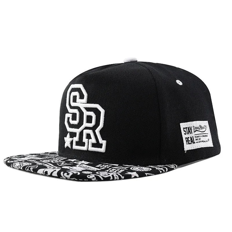 Adjustable cotton baseball cap with dome crown and letter embroidery in black or white