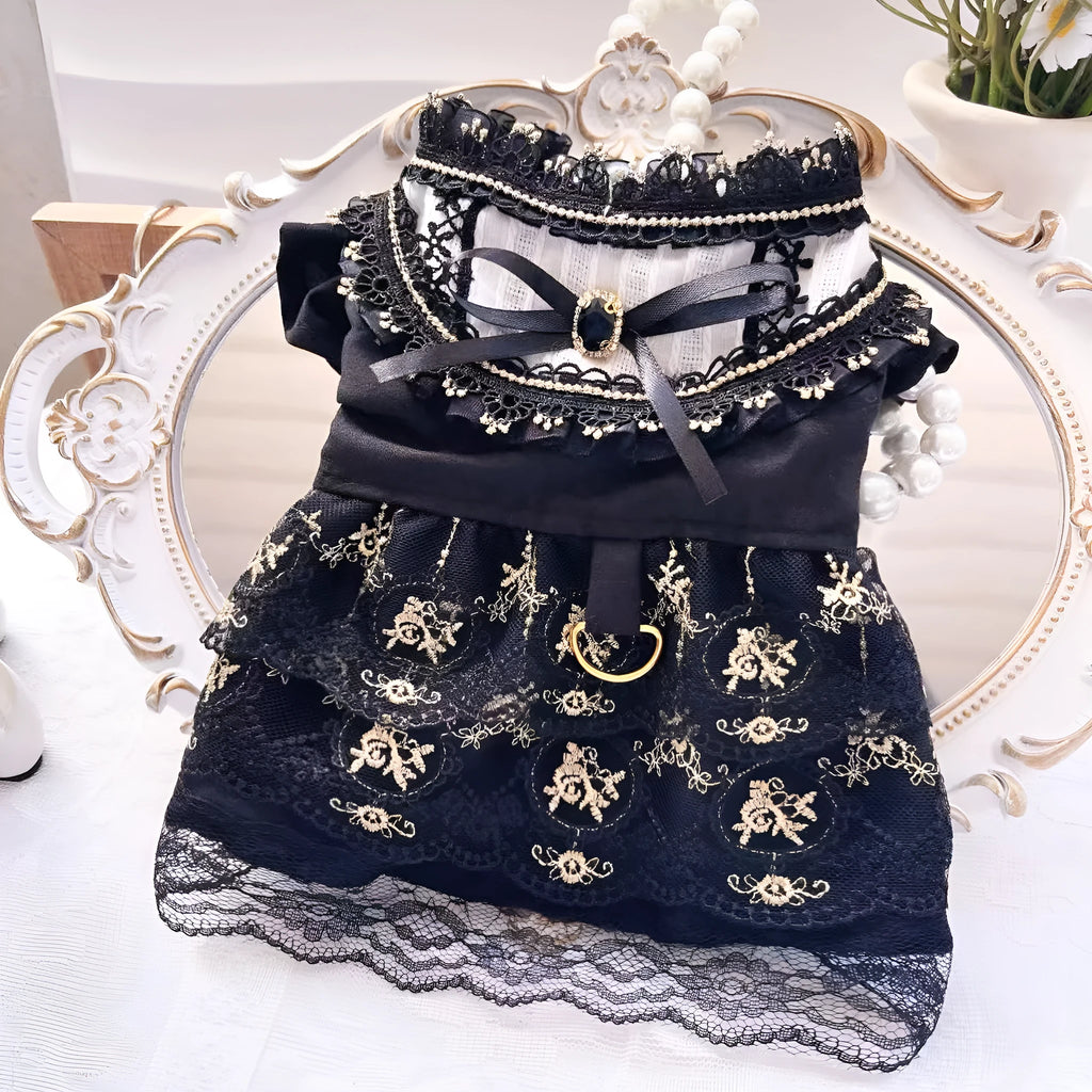 Golden ruffled gothic princess skirt costume being worn by a small dog or cat.