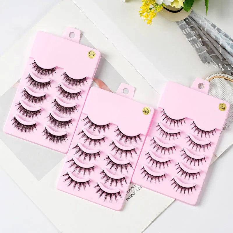 Set of manga-style false eyelashes in three wispy styles 007, 008, and 009 with black plastic bands.