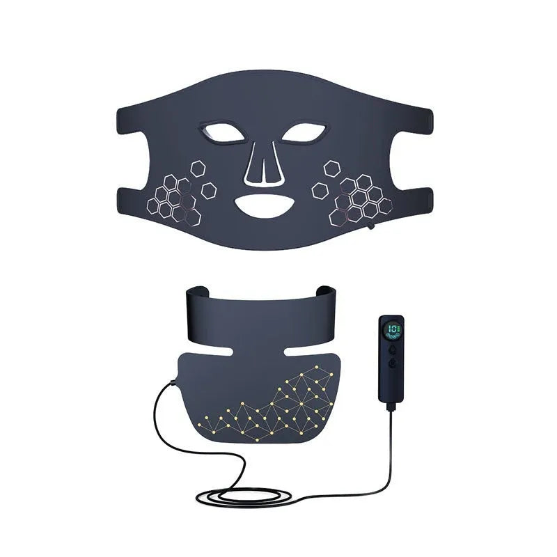 Black LED photon beauty mask showing light panels and neck extension for comprehensive skincare treatment