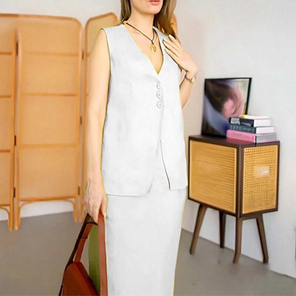 Women's blue sleeveless vest and long skirt two-piece casual suit set