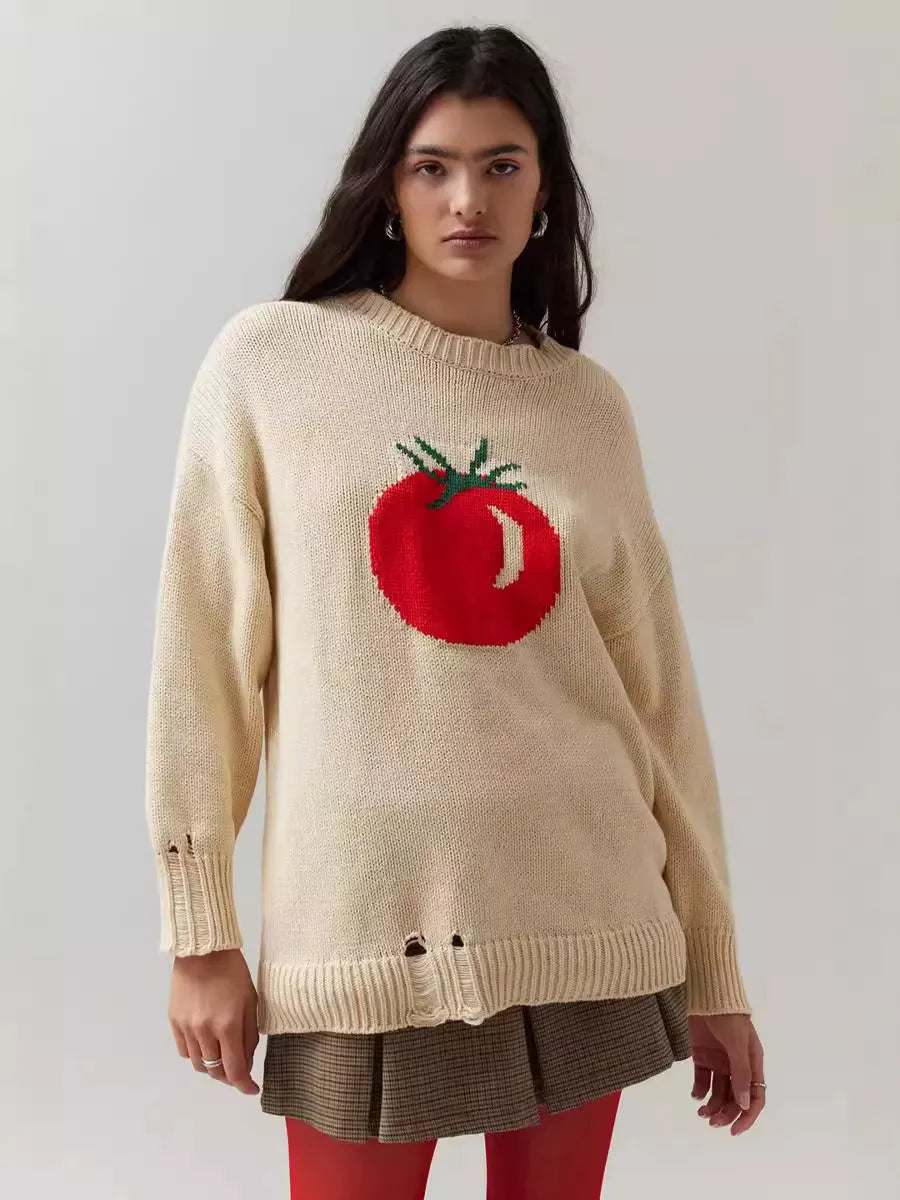 Milky white women's loose-fit pullover sweater with Jacquard knit texture on a hanger.
