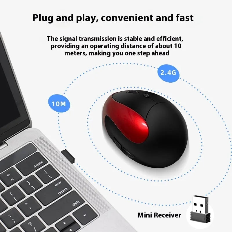 Three Generations vertical ergonomic wireless mouse in black on a laptop desk.