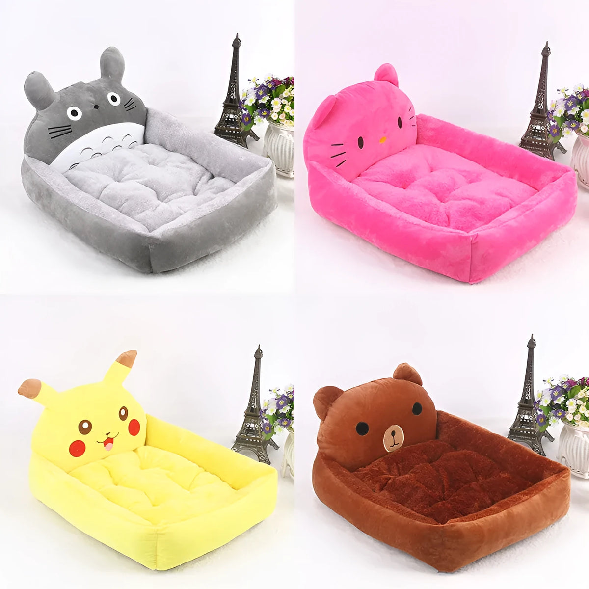 Blue cartoon-style pet bed sofa for a small dog, showing soft plush interior.