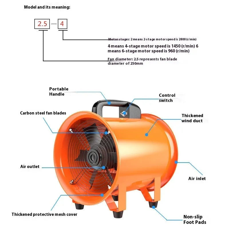 Silver portable industrial axial flow fan with attached flexible duct on a workshop floor.