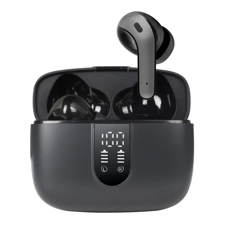 Jerry X08 wireless in-ear Bluetooth headphones with a digital display and a matching charging case.