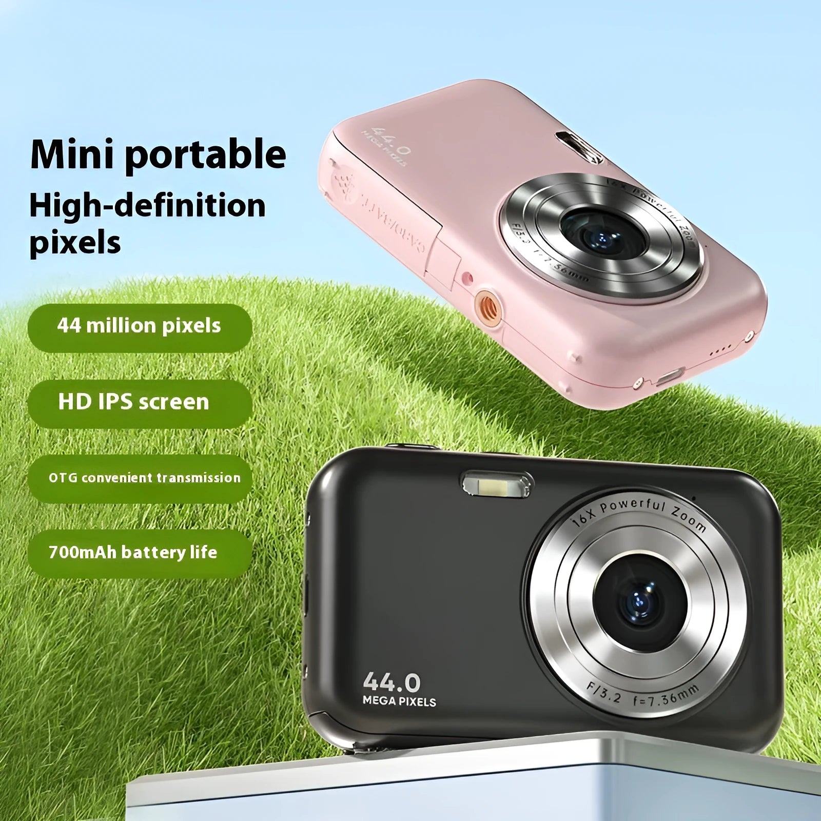 DC406L children's digital camera in black, green, pink or purple colours showing its 2.4-inch screen.