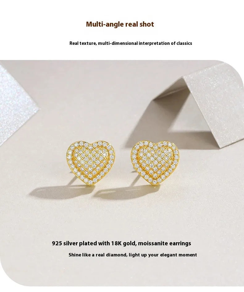 Golden heart-shaped moissanite stud earrings in S925 sterling silver with butterfly backing