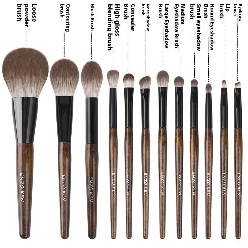 12-piece makeup brush set with wooden handles and PU storage bag displayed