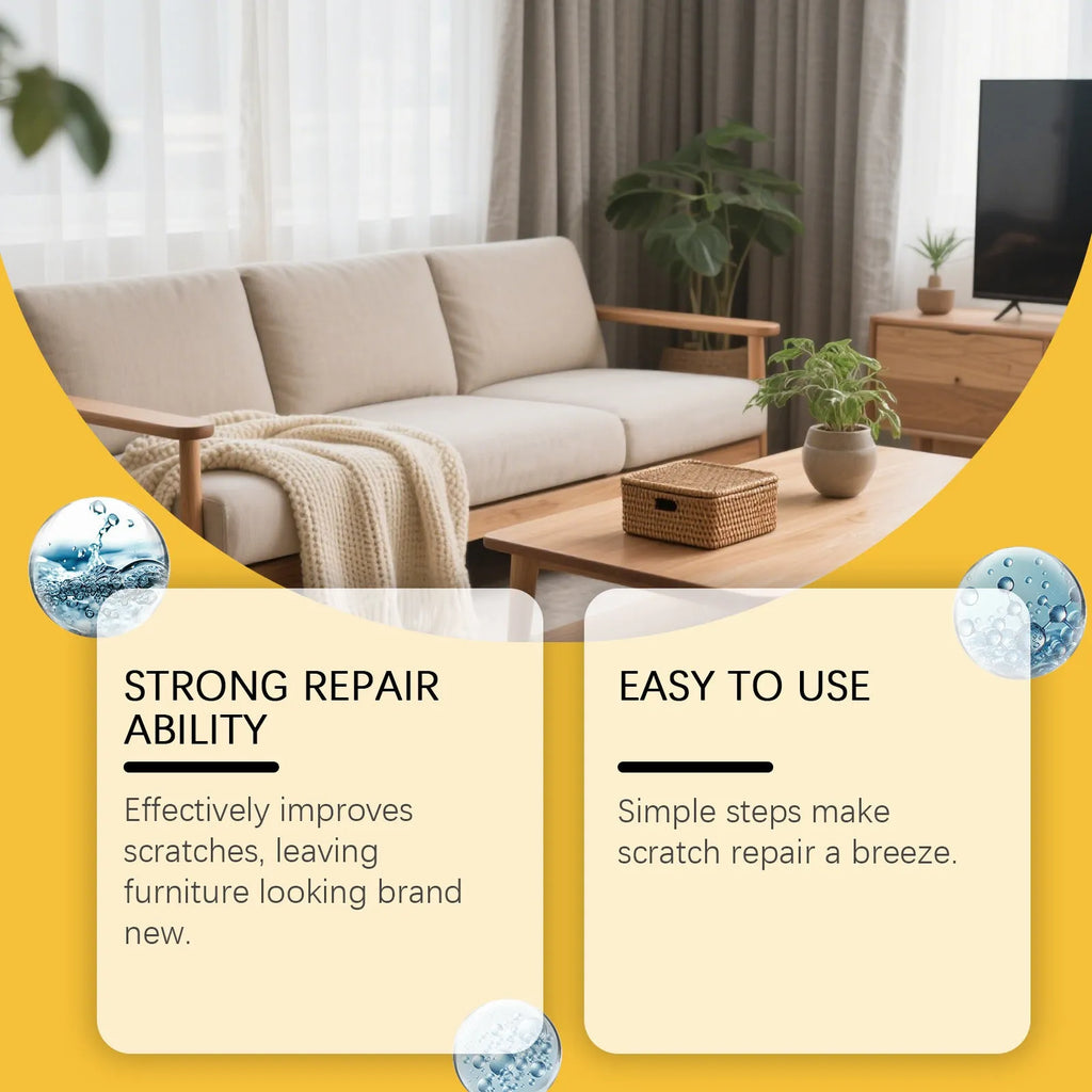 Wooden furniture scratch care solution bottle with microfiber towel for cleaning and maintenance