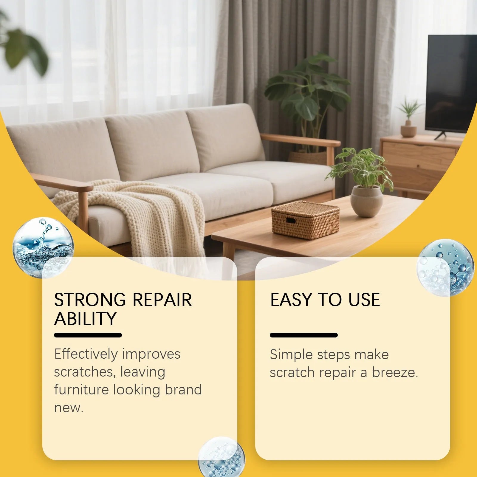 Wooden furniture scratch care solution bottle with microfiber towel for cleaning and maintenance