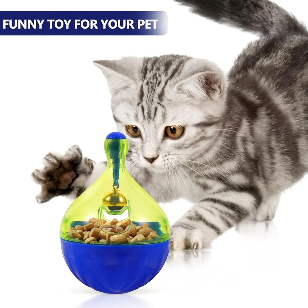 Blue pet treat tumbler dispenser for dogs and cats with interactive ball design