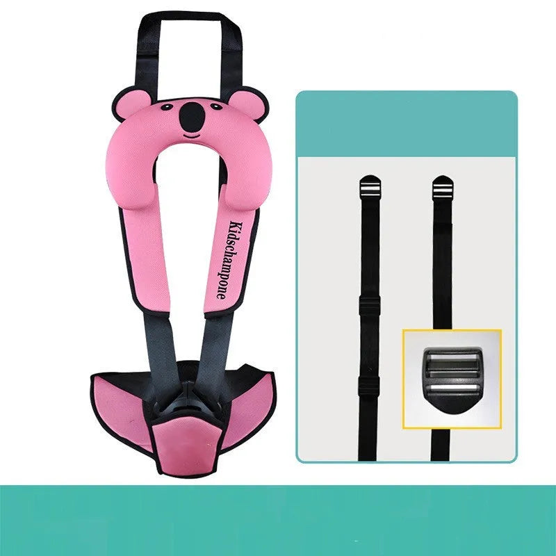 Portable child safety seat belt retainer in rose pink, red, or blue for children 12-36kg
