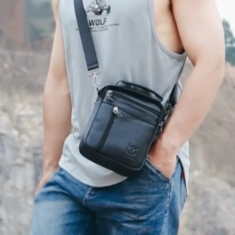 Black genuine leather men's retro style shoulder messenger bag