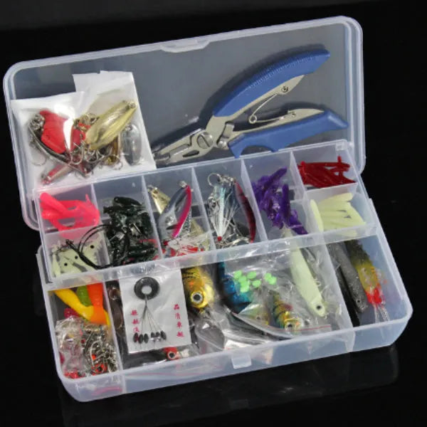 132-piece fishing lure set with soft baits and hooks in rose red treasure colour