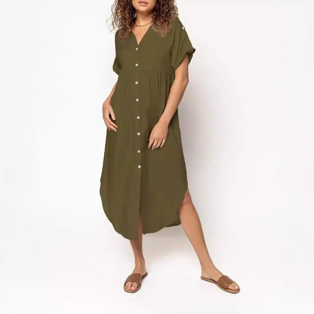 Women's loose mid-length casual dress with button front in solid colour options