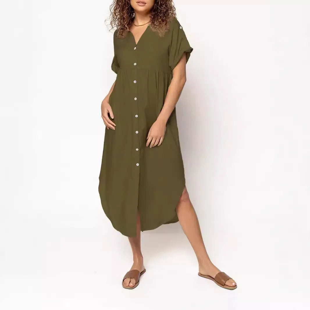 Women's loose mid-length casual dress with button front in solid colour options