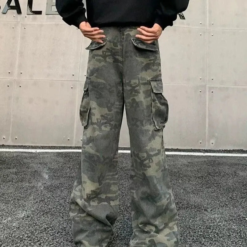 Cotton blend cargo pants with washed camouflage print and multiple pockets