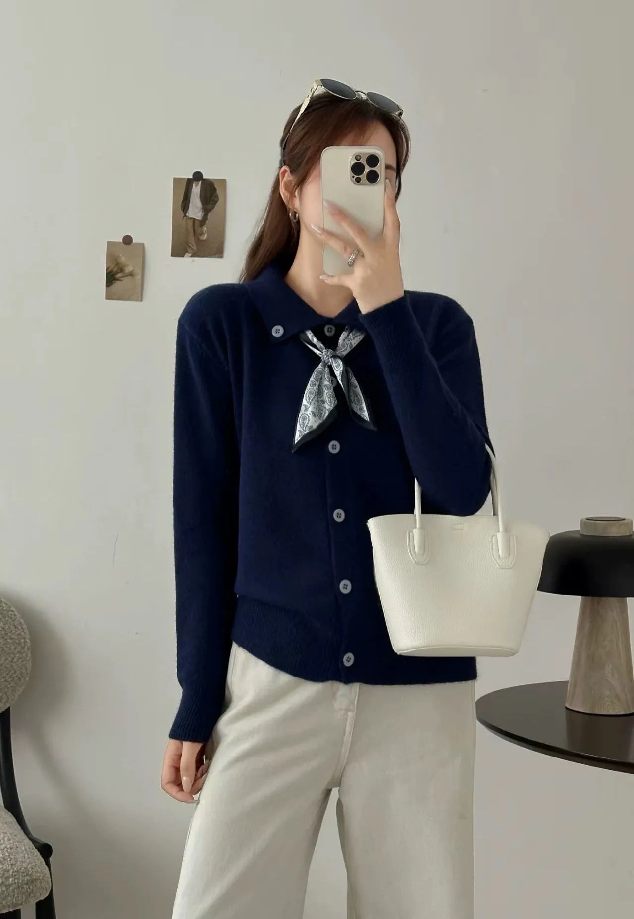 Lazy fashion lapel scarf cardigan sweater in acrylic, shown in a neutral colour.