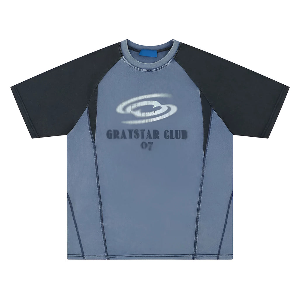 Blue men's t-shirt with printed letters and raglan sleeves on hanger