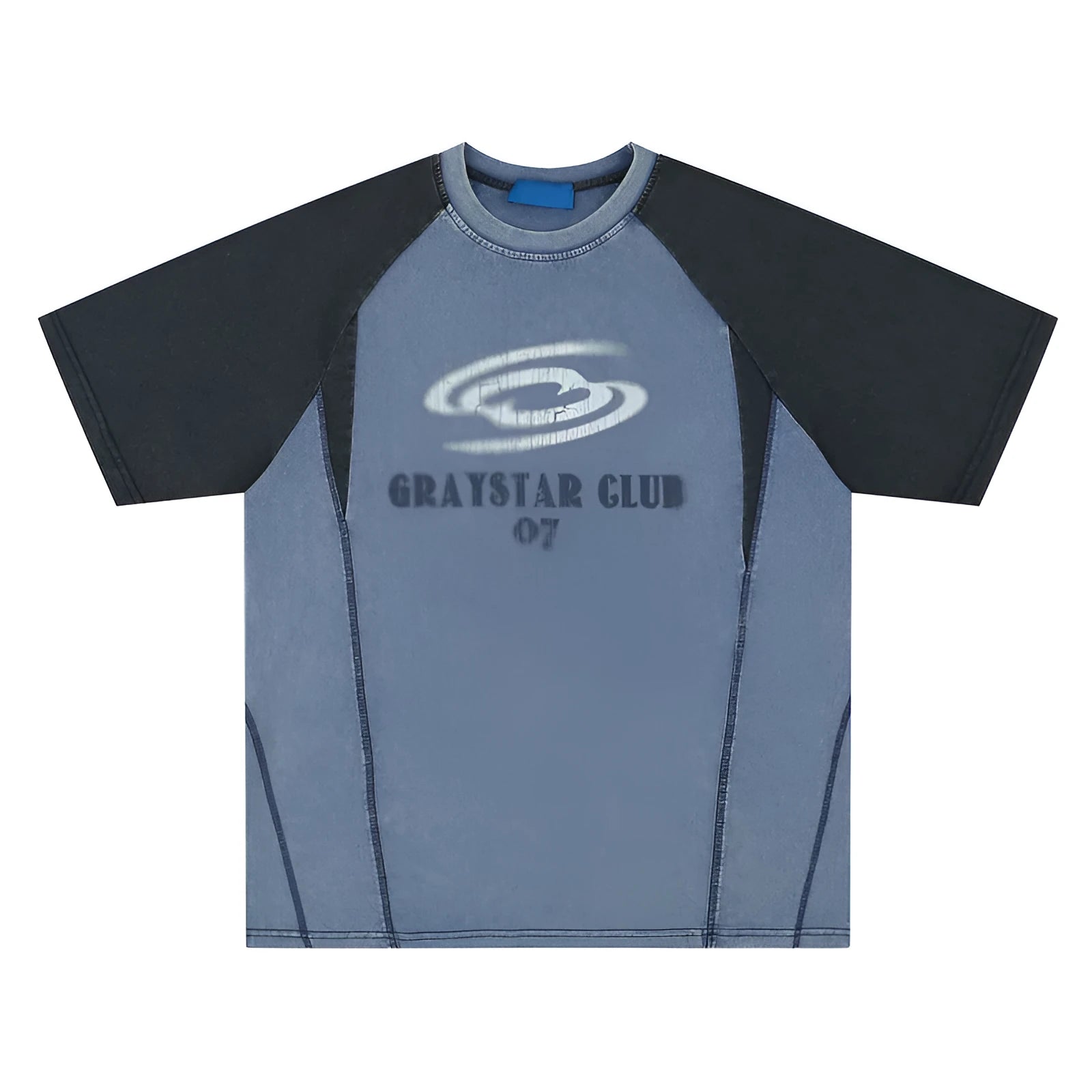 Blue men's t-shirt with printed letters and raglan sleeves on hanger