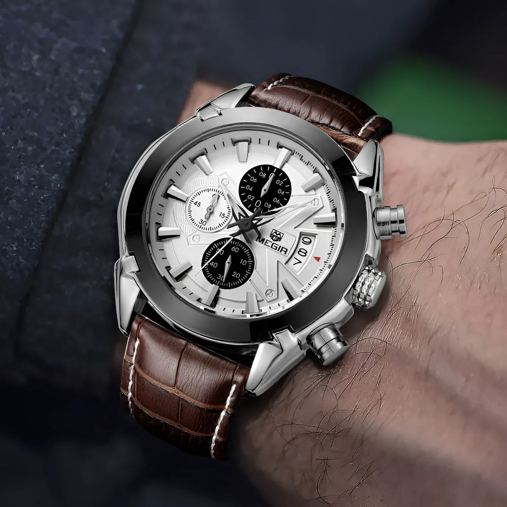 Men's multifunctional timing quartz watch with three sub-dials and luminous hands in black or brown colour options