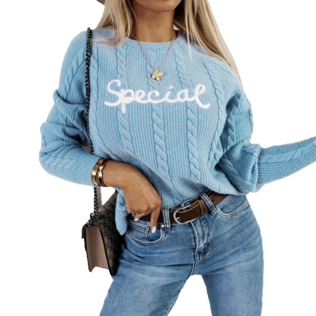 Blue leisure pullover sweater with embroidered letter design and crew neck.