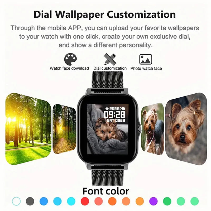 Smart watch with 1.44-inch touchscreen displaying health metrics and call interface on silicone wrist strap