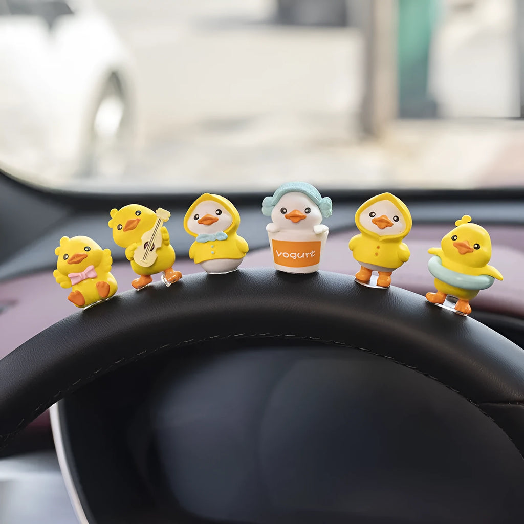 PVC cartoon duckling car dashboard decoration set with six small ducks and road sign label