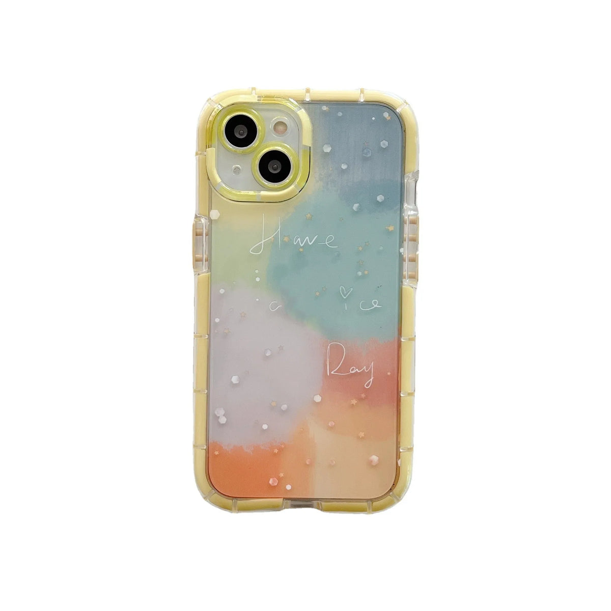 Slim minimalist silicone iPhone case with a yellow edge trim on a table.
