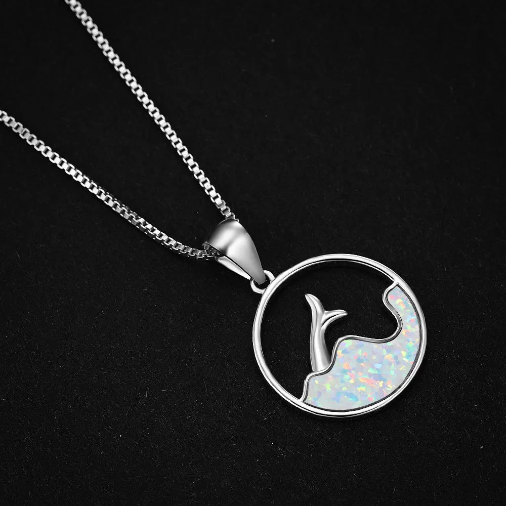 White gold round blue opal sea fishtail necklace with electroplated copper finish and simple geometric design