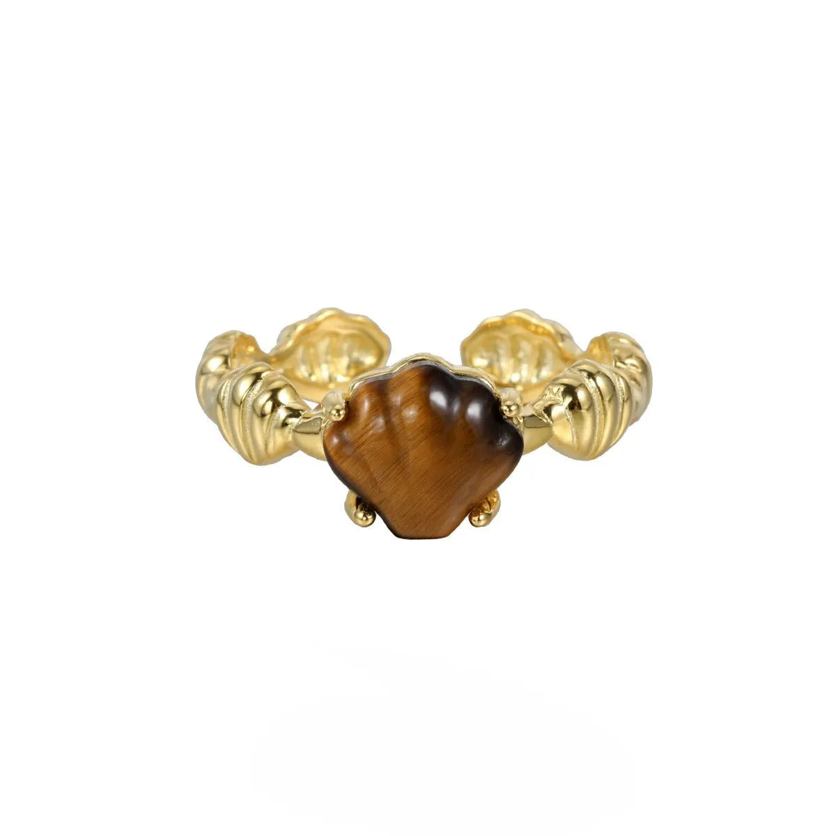 Adjustable silver ring with shell decoration and tiger eye stone on adjustable band