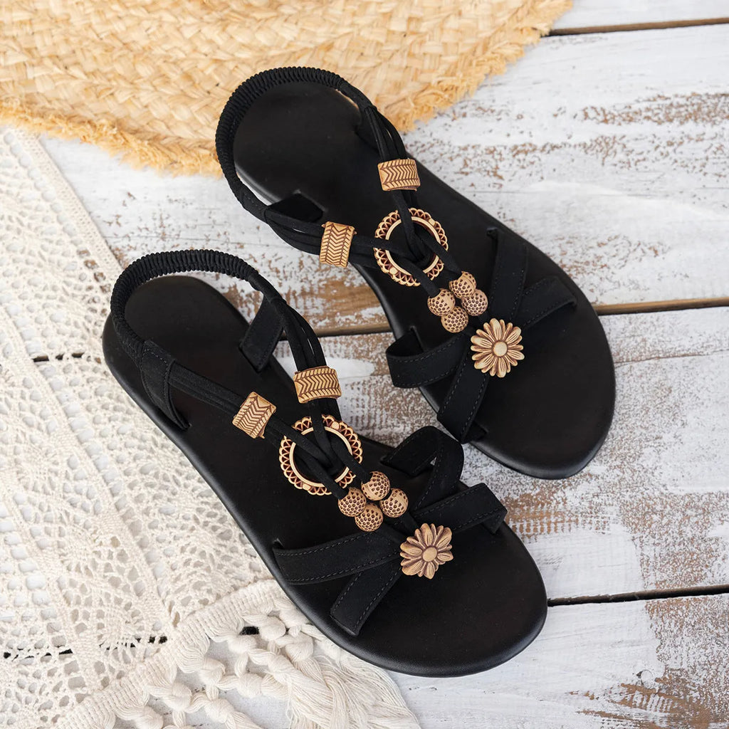 Women's black ethnic style beaded weave open toe beach sandals with rhinestone decoration