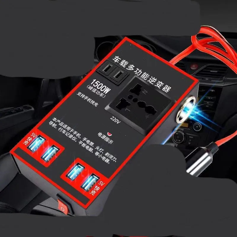 Black automotive power converter with 220V socket and four USB ports for car use