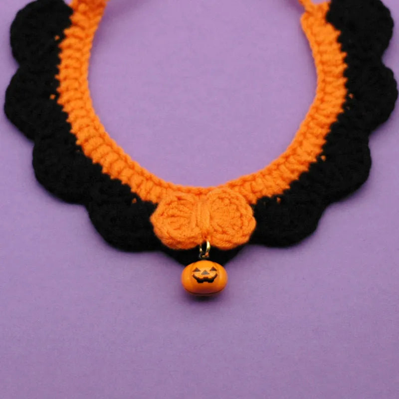 Hand-crocheted wool pet collar with pumpkin design in adjustable sizes