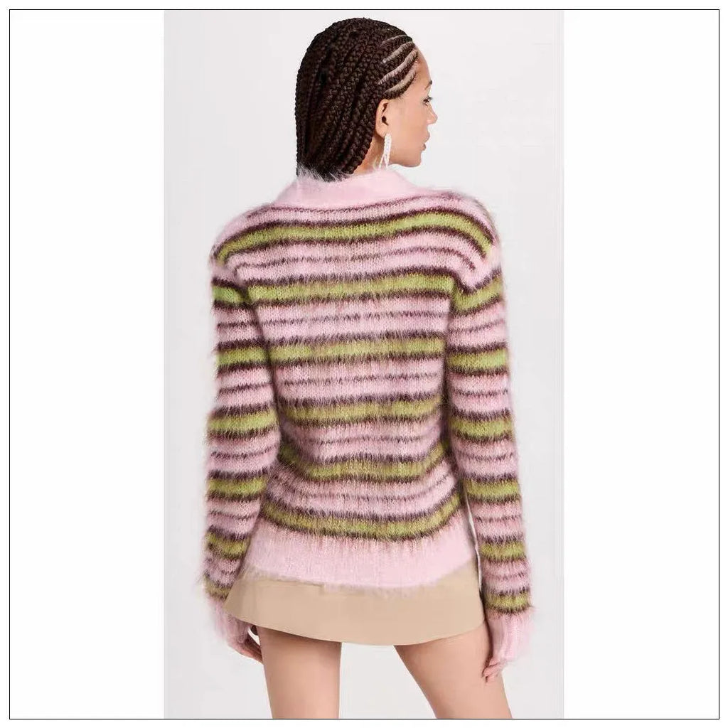 Pink women's wool cardigan sweater with contrast detail, shown in round neck and open cardigan styles