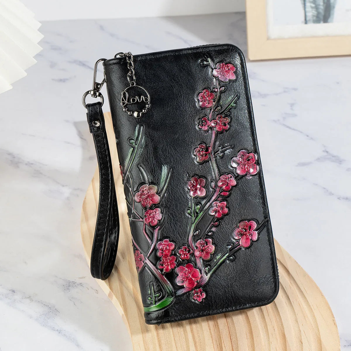 Embossed floral pattern Chinese style handbag with zipper closure in black, brown or coffee