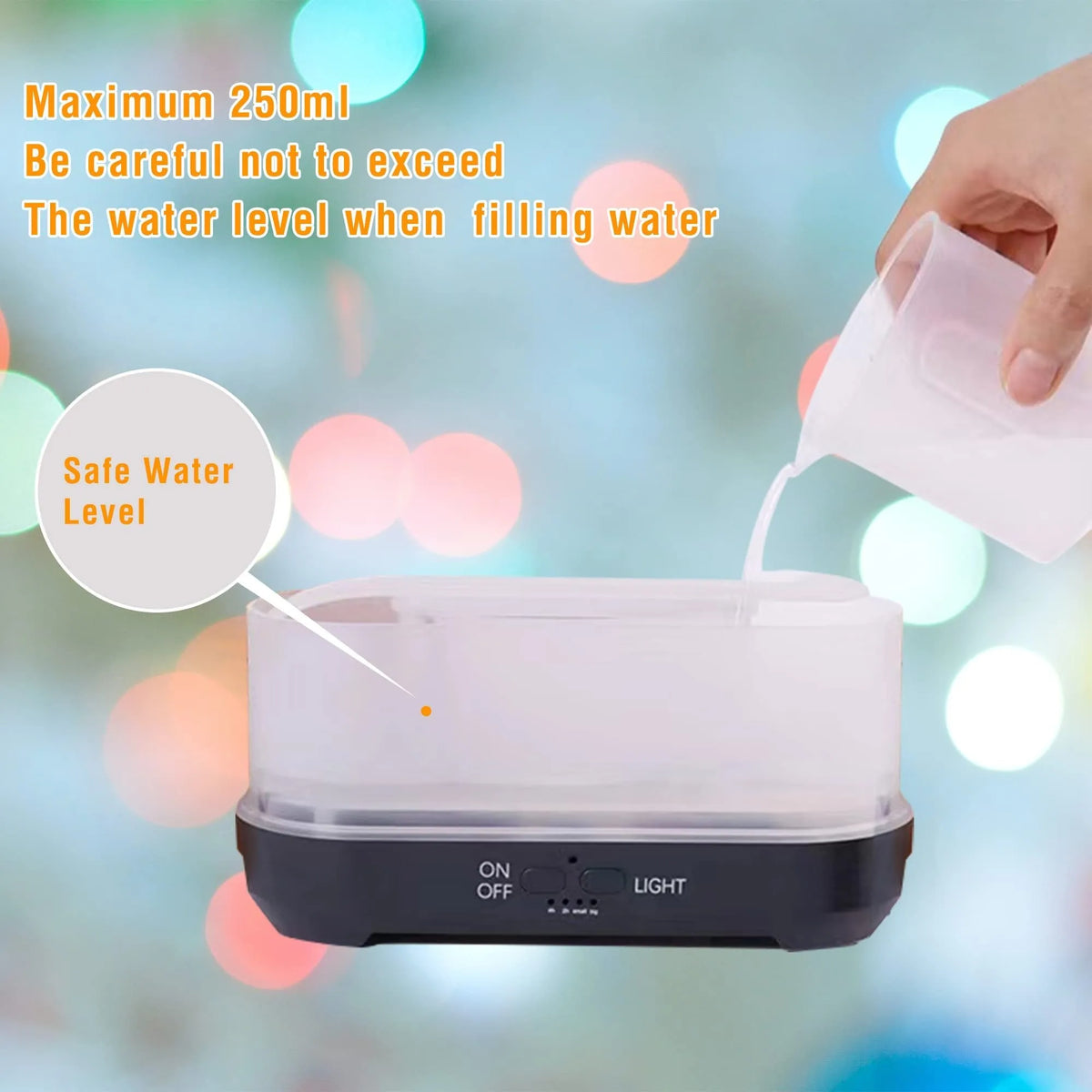 Wood grain snowflake pattern aromatherapy humidifier with colourful flame effect lighting on desktop