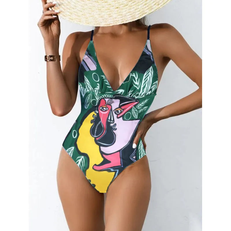 Plus size solid blue one-piece swimsuit with a backless design on a mannequin.