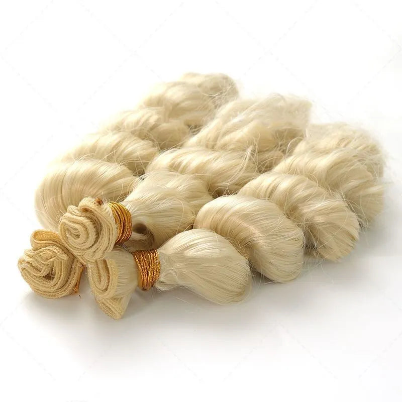 Women's golden synthetic wig showing length options with heat-resistant chemical fibre material