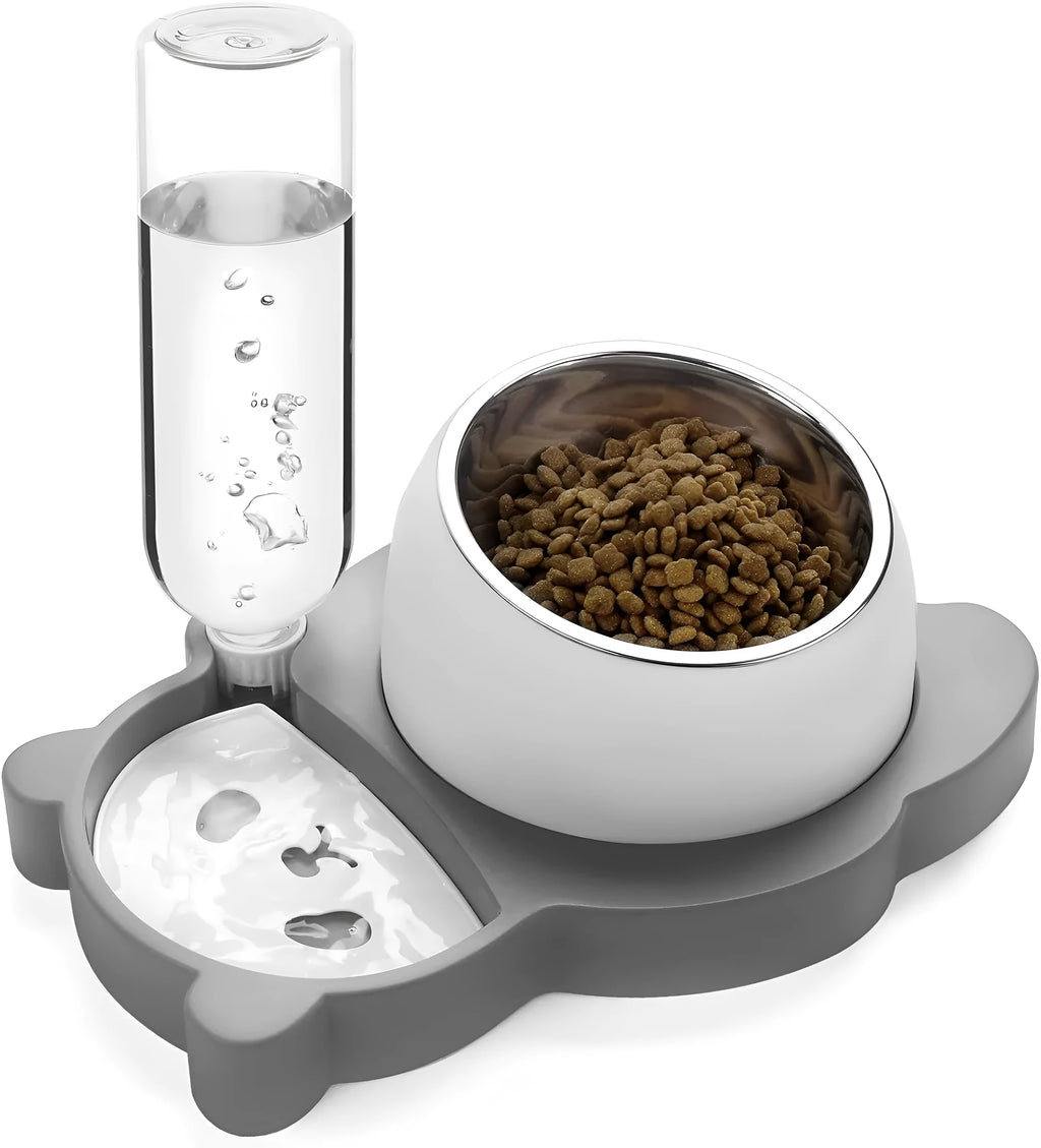 Grey panda-shaped automatic pet water dispenser with tilted stainless steel feeding bowls for cats and small dogs.