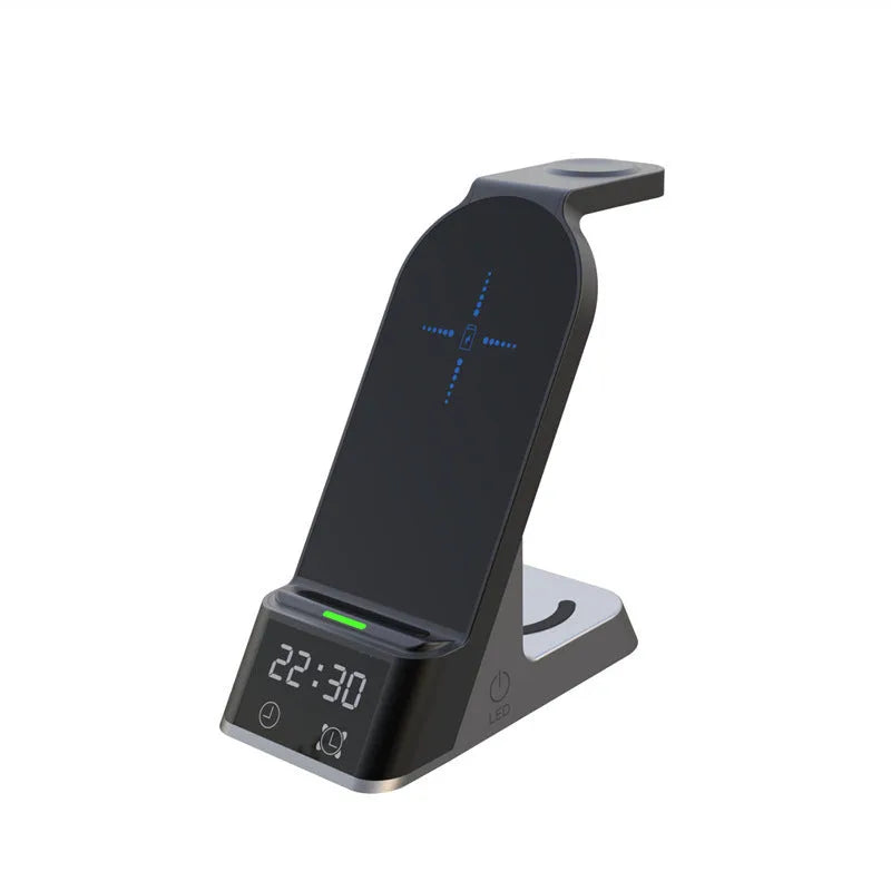 Black multifunctional alarm clock with wireless charging pad, digital display, and Apple Watch charger.