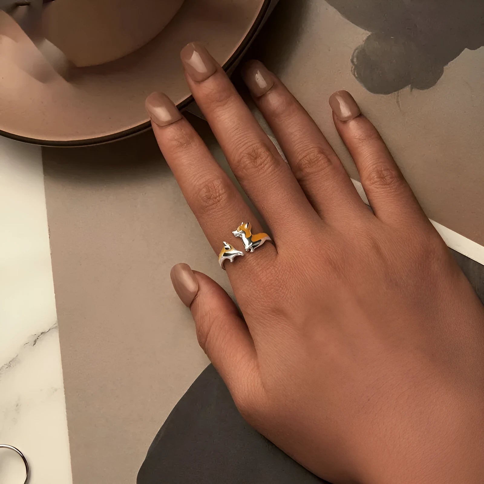Silver electroplated corgi dog ring with cartoon design for women