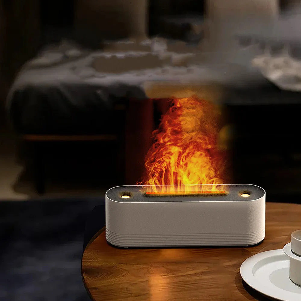Black Flame Air ultrasonic humidifier and aroma diffuser with coloured LED flame light and visible mist output