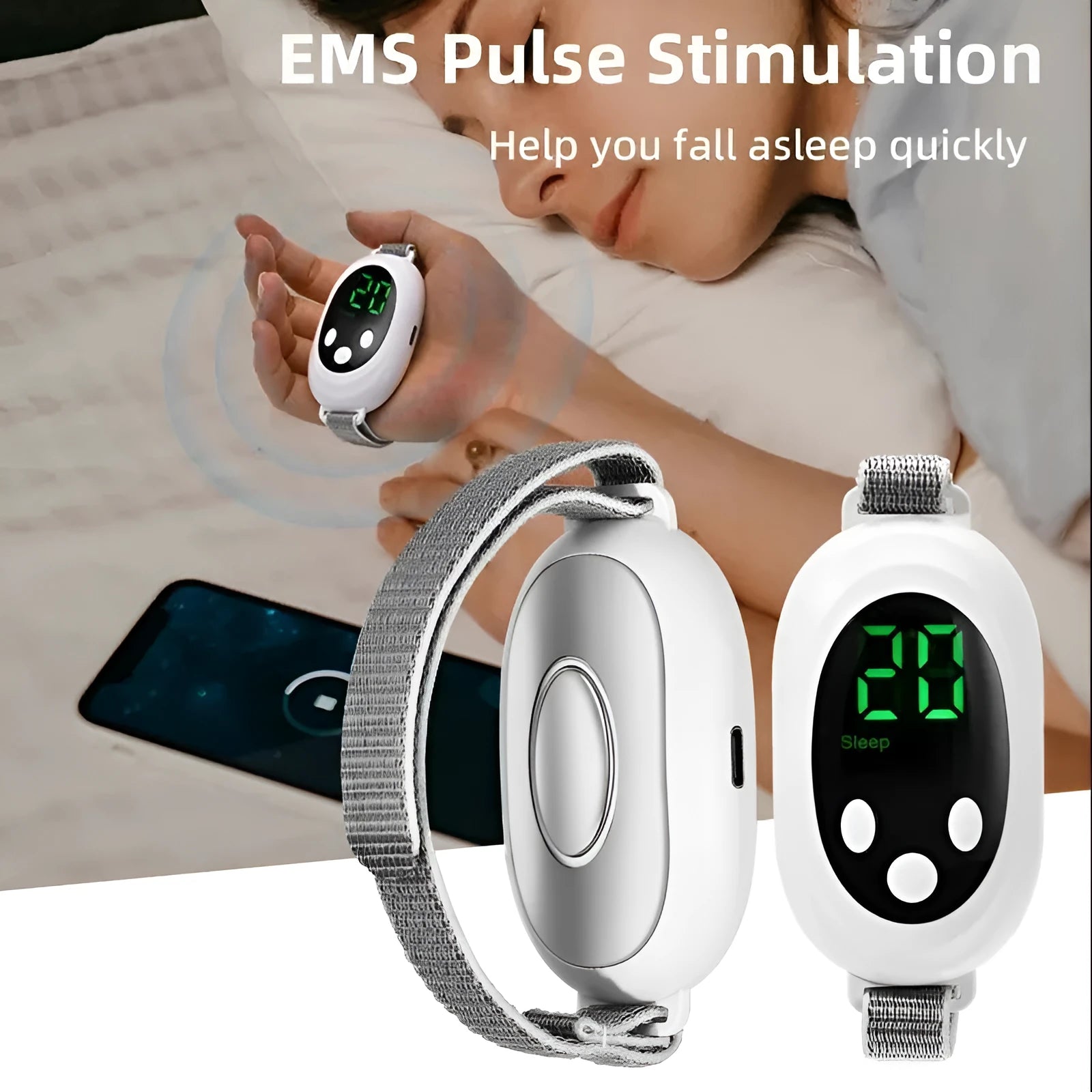 White handheld sleep aid device with remote control showing 20 gear settings, USB charging cable, and sleep bracelet.
