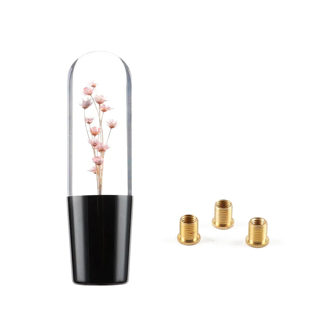 Transparent crystal car gear head with flower design, 15cm long, with three adapters