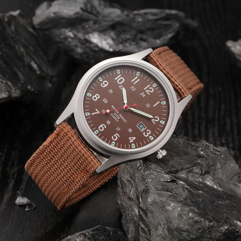 Military fabric strap watch for men, 7mm thick, sports army clock with calendar, available in 20 colours