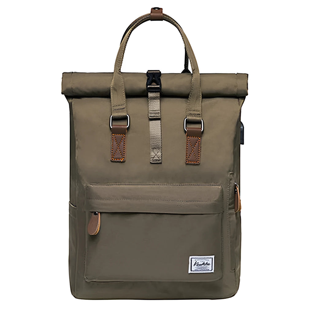 Casual polyester backpack in black dark grey or green with computer pocket and cover opening