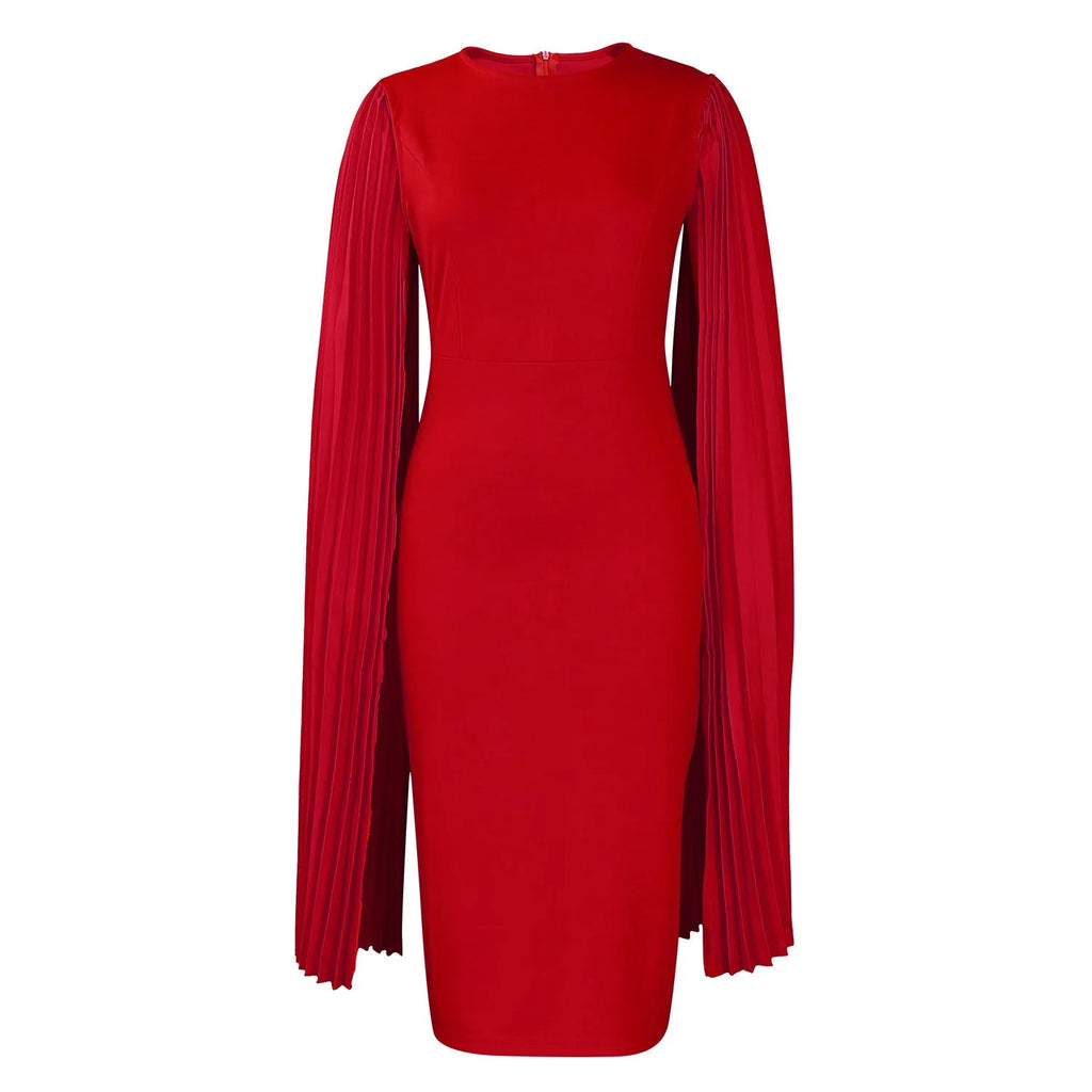 Round neck evening gown with high waist and long sleeves in polyester fabric